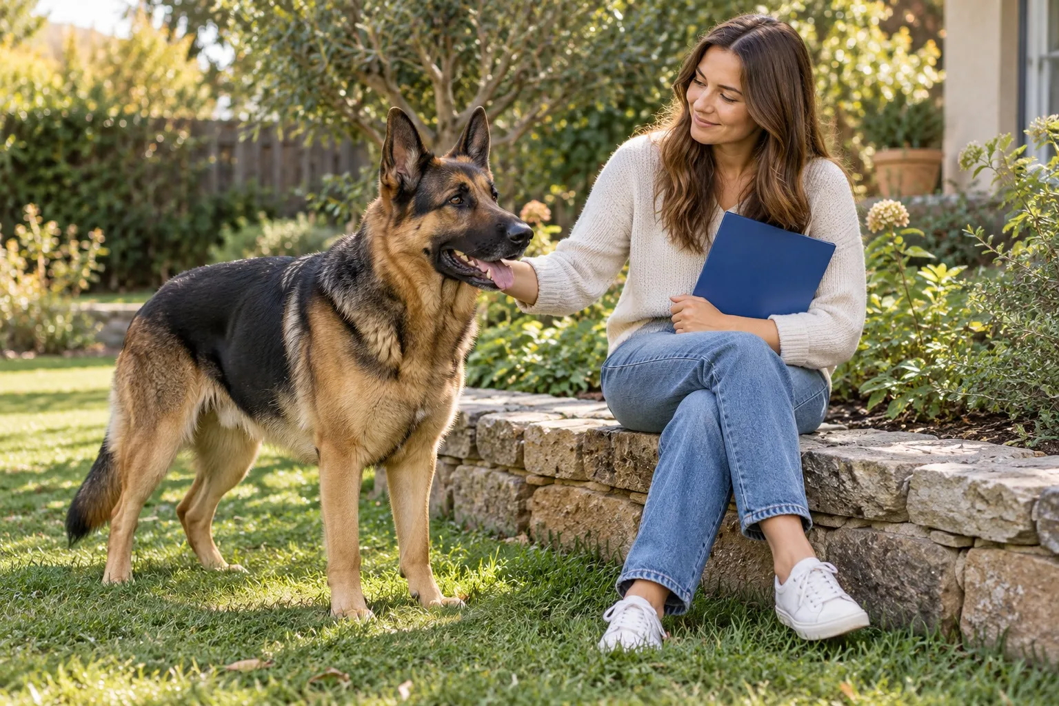 Owner sitting with a dog in a leafy garden while holding a folder
